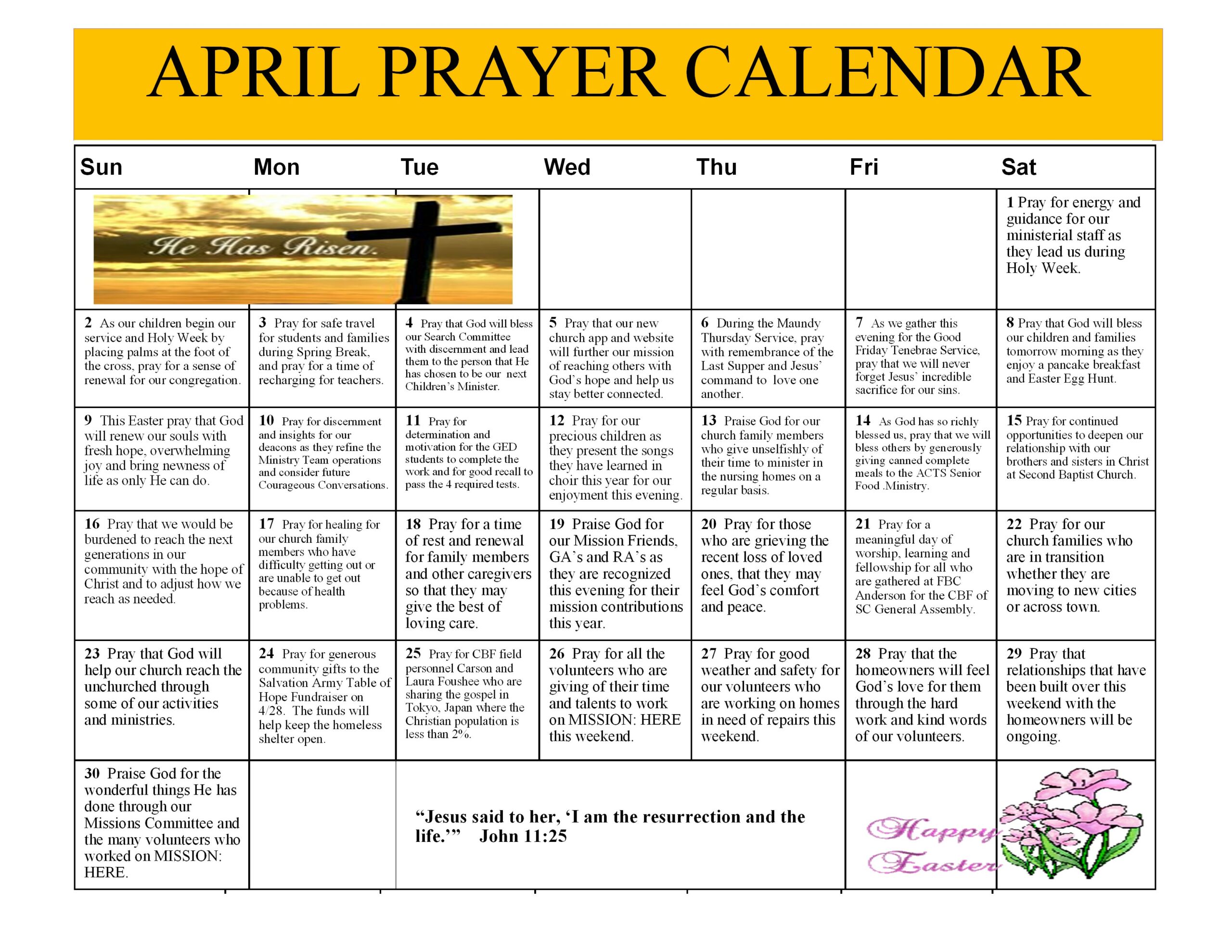 Prayer Calendar | Aiken’s First Baptist Church