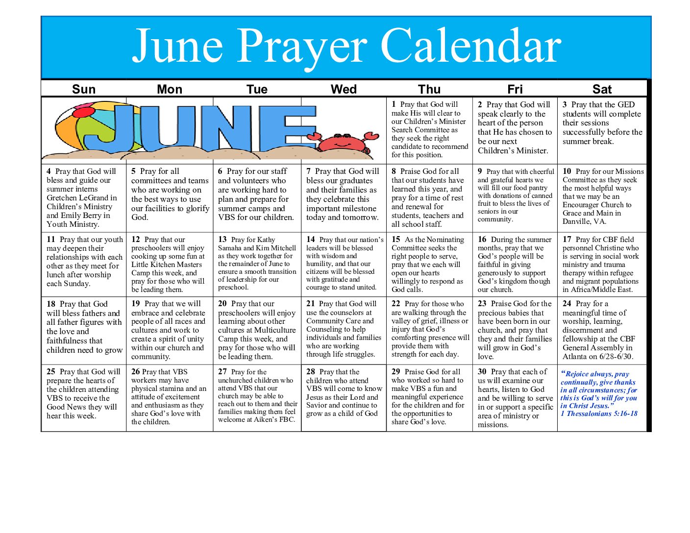 June 2023 Prayer Calendar