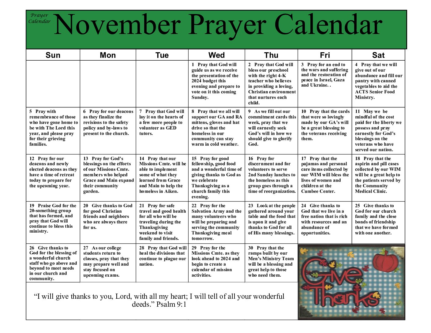 November 2023 Prayer Calendar